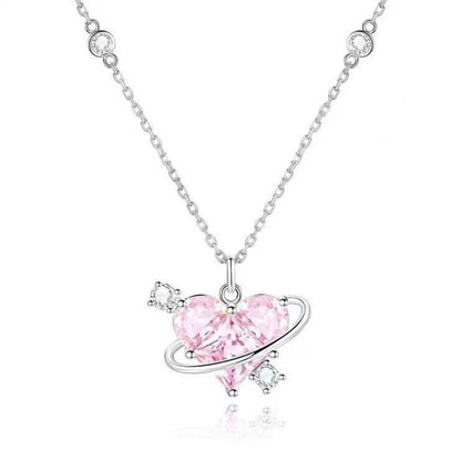 Fashion Pink Planet Heart Zircon Necklace Women Charm Aesthetic Clavicle Chain Necklace Valentines Day Gift Party Jewelry