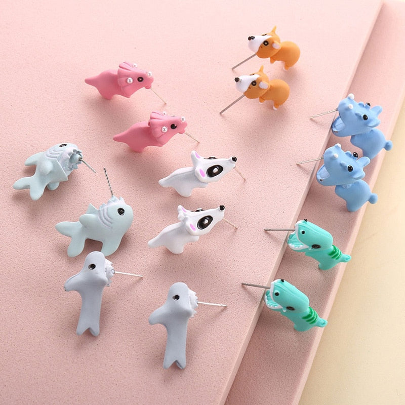 Kawaii Dinosaur T-Rex Stud Earrings: Cute Cartoon Animal Little Dog Whale Hippo Baby Shark Bite Ear Clay Jewelry Funny Gift