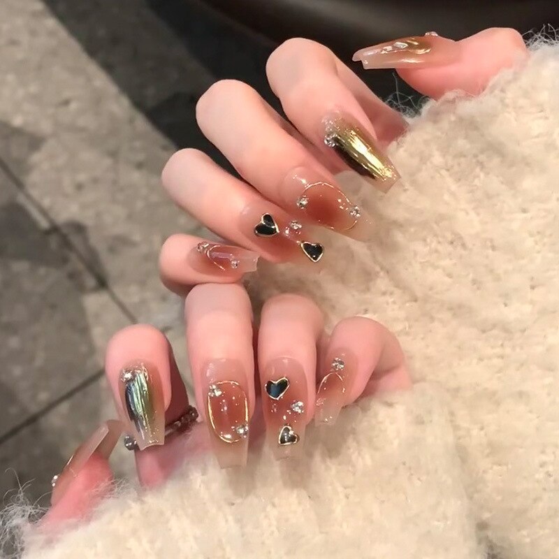 24Pcs Pink Ballet False Nails Long Coffin with Rhinestone Love Heart Wearable Fake Nails Full Cover Press on Nails Tips Glitter