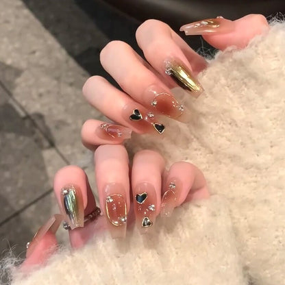 24Pcs Pink Ballet False Nails Long Coffin with Rhinestone Love Heart Wearable Fake Nails Full Cover Press on Nails Tips Glitter