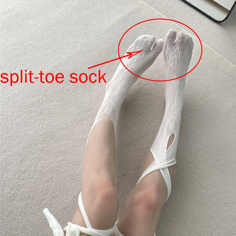 Jk Tie Lace Fishnet Stockings Irregular Split-toe Calf Socks Women's Middle Tube Socks Straps Summer Long Japanese Socks