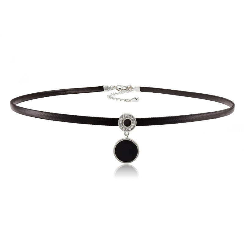Glitter Zircon Geometric Pendant Choker Black Leather Short Necklace for Women Temperament Aesthetic Jewelry Accessories