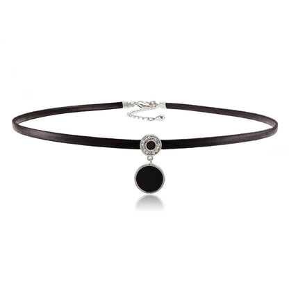 Glitter Zircon Geometric Pendant Choker Black Leather Short Necklace for Women Temperament Aesthetic Jewelry Accessories