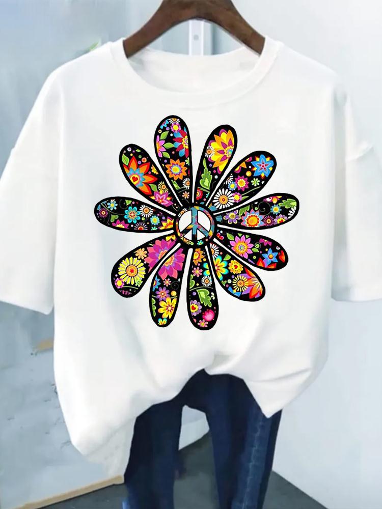 Flower Print Fashion Plant Trend Lovely Style Short Sleeve Women Graphic Tee Summer T Clothing Female Clothes Casual T-shirts