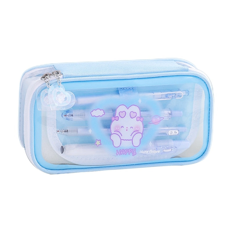 Cute Cartoon Bear Large Capacity Pencil Case Transparent Multi Layered Pencil Bag Stationery Storage Bag Box School Supplies