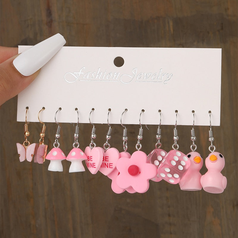 Pink Cartoon Duck Earrings Set Cute Animal Butterfly Heart Dangle Earrings For Women Girls Geometric Earring Trendy Jewelry Gift