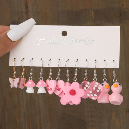 Pink Cartoon Duck Earrings Set Cute Animal Butterfly Heart Dangle Earrings For Women Girls Geometric Earring Trendy Jewelry Gift