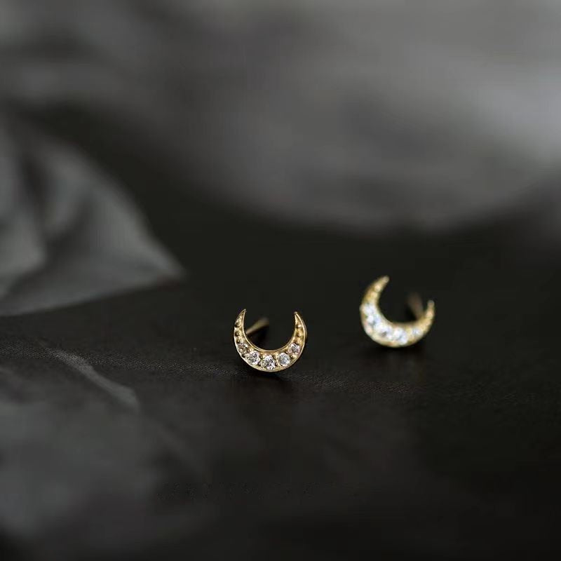 Simple Piercing Stud Earrings for Women Star Moon Zircon 925 Silver Needles Tragus Cartilage Asymmetry Pendiente Plata Jewelry
