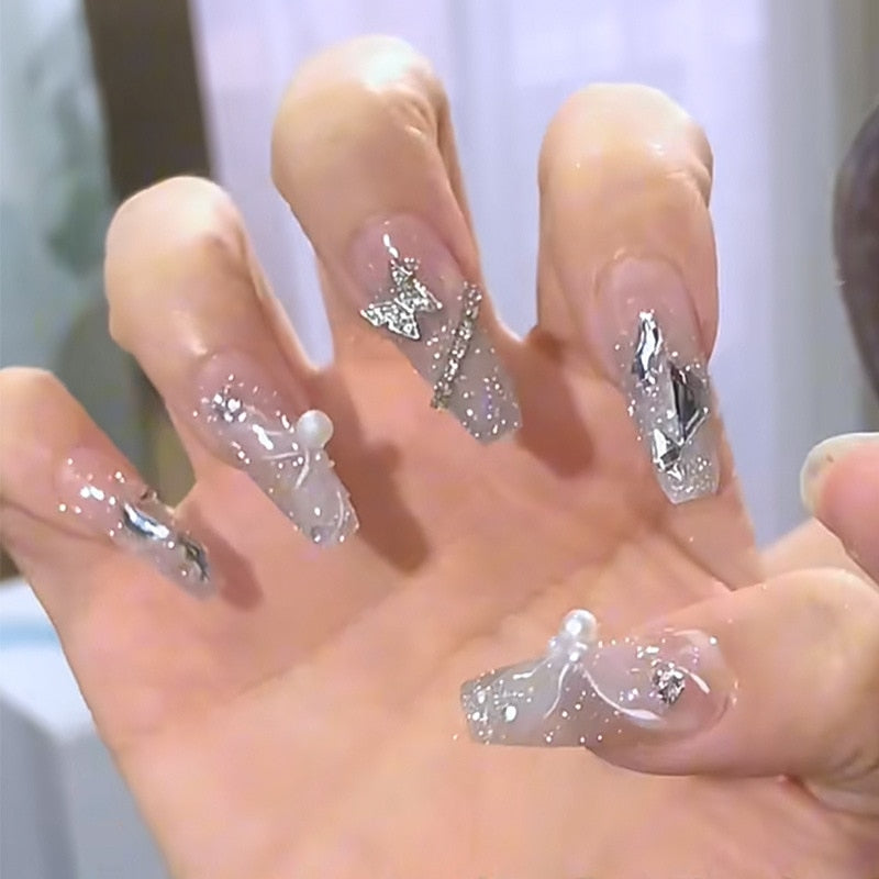 24Pcs Pink Ballet False Nails Long Coffin with Rhinestone Love Heart Wearable Fake Nails Full Cover Press on Nails Tips Glitter