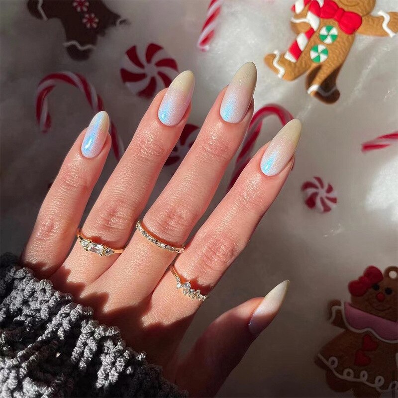 24Pcs Almond Fake Nail Gradient Simple French False Nails Daisy Flower Design Manicure Nails Detachable Full Cover Press On Nail