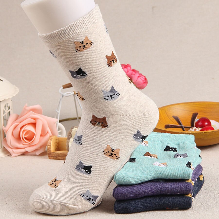 Cartoon Animal Cat Print Cute Women's Socks Japanese Style Kawaii Long Socks Casual Harajuku Streetwear Cotton Soft Crew Socks