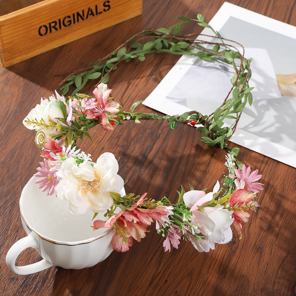 Bohemian Rattan Flower Vines Crown Headband for Bride Wedding Hair Accessories Girls Floral Wreath Head Band Hairstyles Headdres