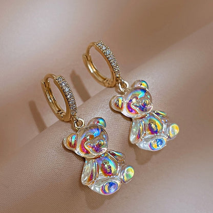Cute Acrylic Candy Gummy Bear Dangle Earrings for Women Rainbow Bear CZ Hoop Earrings Korean Fashion Sweet Girl Jewelry