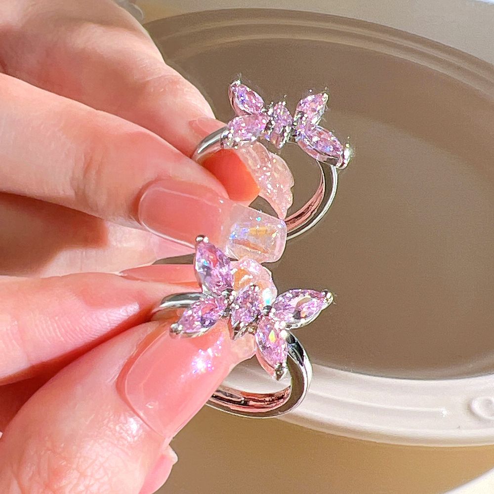 Pink Crystal Heart Bowknot Rings For Women Girls Y2k Kpop Sweet Cool Open Finger Rings Party Fashion Jewelry Gifts New