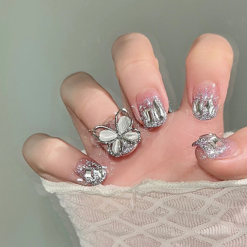 24pcs Wearable Pink Press On Fake Nails Tips With Glue false nails design Butterfly Lovely Girl false nails With Wearing Tools