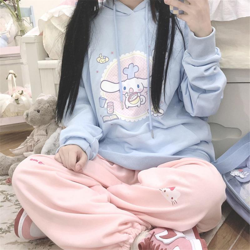 Sanrio Cinnamoroll Cute Hoodie Fashion Cartoon Kawaii Anime Girl Spring and Autumn Hooded Loose Sweatshirt Girl Birthday Gift