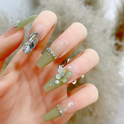 24Pcs Pink Ballet False Nails Long Coffin with Rhinestone Love Heart Wearable Fake Nails Full Cover Press on Nails Tips Glitter