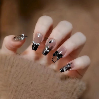 24Pcs Pink Ballet False Nails Long Coffin with Rhinestone Love Heart Wearable Fake Nails Full Cover Press on Nails Tips Glitter