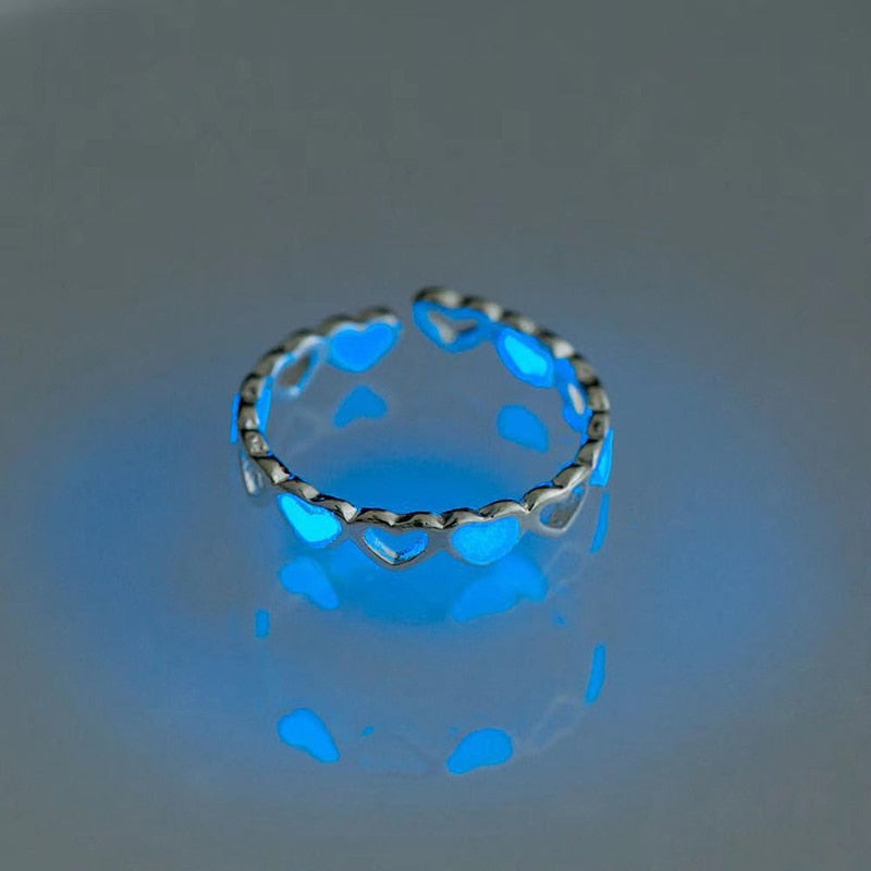Luminous Love Heart Finger Ring Glow In Dark Fashion Adjustable Couples Rings Silver Color Pink Blue Light Jewelry Lover Gift