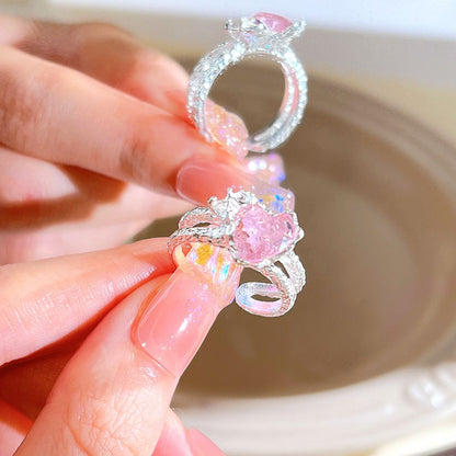 Pink Crystal Heart Bowknot Rings For Women Girls Y2k Kpop Sweet Cool Open Finger Rings Party Fashion Jewelry Gifts New