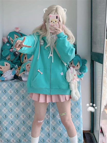 QWEEK Harajuku Kawaii Zip Up Hoodie Women Cat Ear Japanese Style Cute Hooded Jacket Oversized Sweet Lolita Girly Sweatshirts