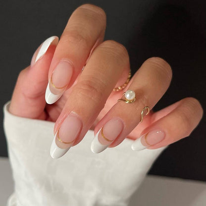 24Pcs Almond Fake Nail Gradient Simple French False Nails Daisy Flower Design Manicure Nails Detachable Full Cover Press On Nail