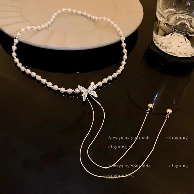 New Long Tassel Pearl Chain Rhinestone Butterfly Necklace For Women Personalized Fashion Necklace Wedding Jewelry Birthday Gifts