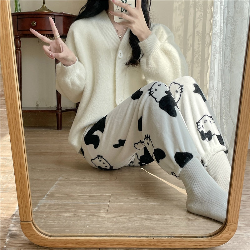 Anime Sanrio Hello Katie Pajamas Flannel Women Kawaii Wool Black and White Cartoon Float Home Pants Fall Fashion Pants New