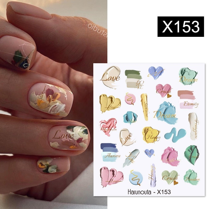 Harunouta Black Lines Flower Leaves Water Decals Stickers Floral Face Marble Pattern Slider For Nails Summer Nail Art Decoration