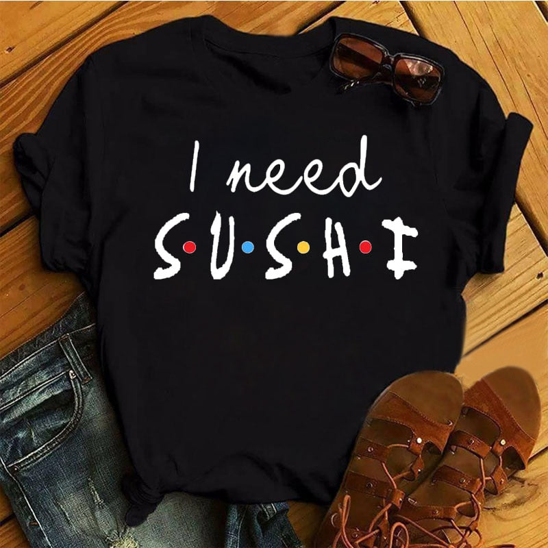 Women Black T-shirts Summer Cute Sushi hug Short Sleeve Tees shirt Femme Summer O-Nock Kawaii Clothing Tops Ladies T shirt