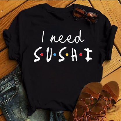 Women Black T-shirts Summer Cute Sushi hug Short Sleeve Tees shirt Femme Summer O-Nock Kawaii Clothing Tops Ladies T shirt
