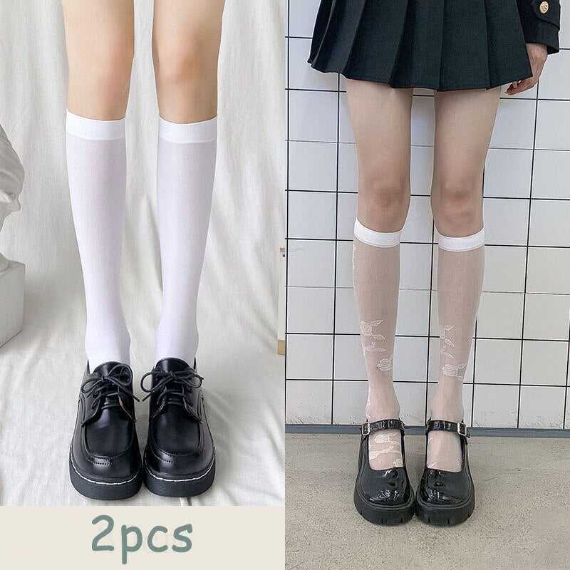 Woman Stockings Cute Black White Lolita Long Socks Solid Color Knee High Socks Fashion Girls Kawaii Cosplay Nylon Socks