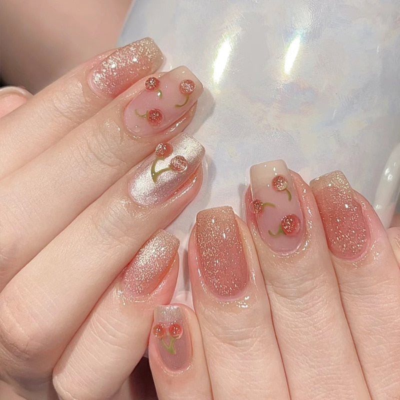 24Pcs Pink Ballet False Nails Long Coffin with Rhinestone Love Heart Wearable Fake Nails Full Cover Press on Nails Tips Glitter