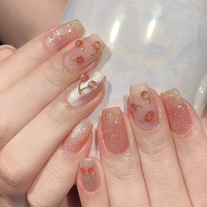 24Pcs Pink Ballet False Nails Long Coffin with Rhinestone Love Heart Wearable Fake Nails Full Cover Press on Nails Tips Glitter