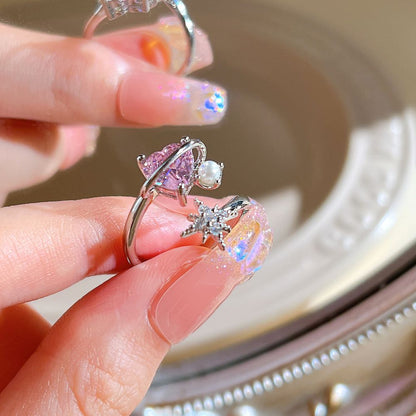 Pink Crystal Heart Bowknot Rings For Women Girls Y2k Kpop Sweet Cool Open Finger Rings Party Fashion Jewelry Gifts New