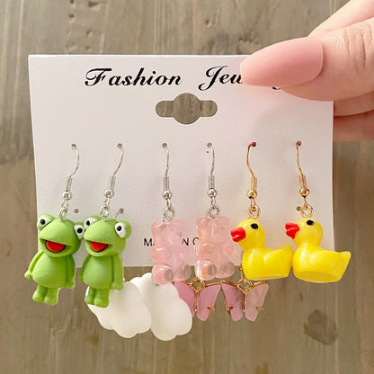 Pink Cartoon Duck Earrings Set Cute Animal Butterfly Heart Dangle Earrings For Women Girls Geometric Earring Trendy Jewelry Gift