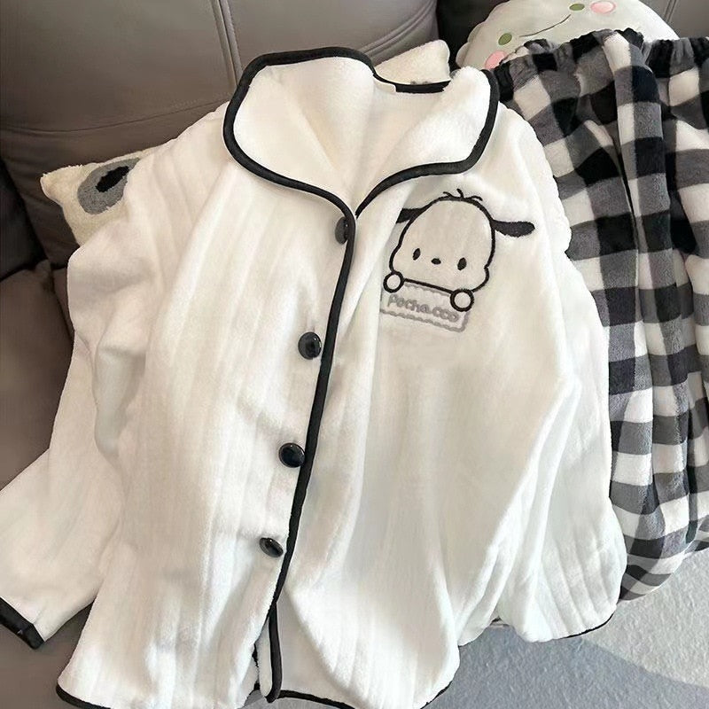 Sanrio Kawaii Pochacco Women Winter Warm Flannel Pajamas Thick Coral Velvet Long Sleeve Cartoon Sleepwear Kawaii Home Suit Coat