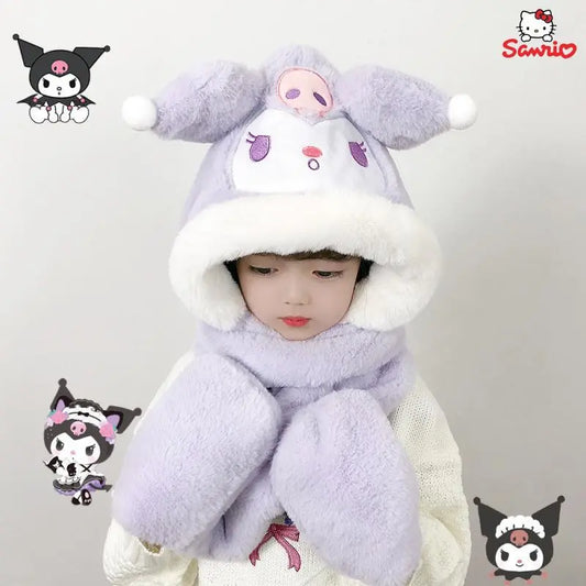 Sanrio Kawaii Cartoon Kuromi Cinnamoroll Mymelody Kids 3-In-1 Plush Hat Scarf Gloves Soft Baby Windproof Scarf Cap Hooded Scarf