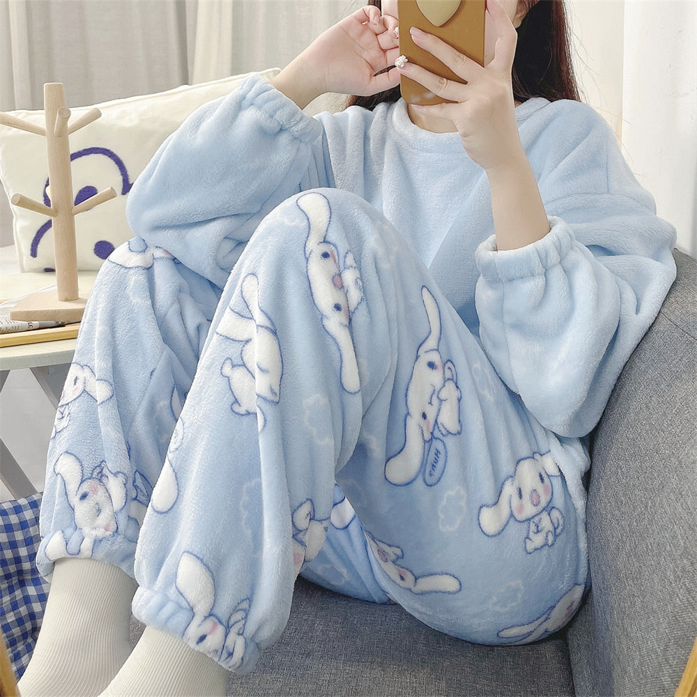 Cute Cartoon Pajamas Kawaii Sanrio Kuromi My Melody Cinnamoroll Flannel Pullover Warm Thick Pajamas Homewear Girl Heart Gift