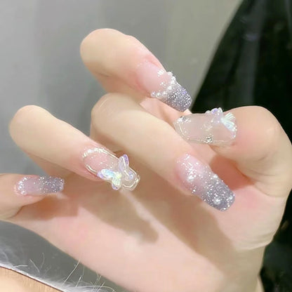 24Pcs Pink Ballet False Nails Long Coffin with Rhinestone Love Heart Wearable Fake Nails Full Cover Press on Nails Tips Glitter