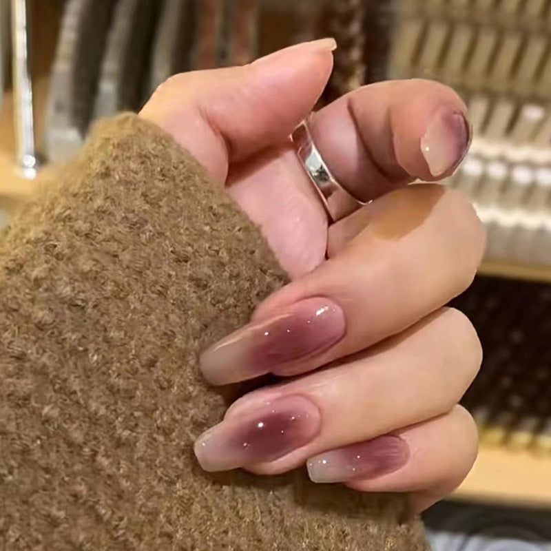 24pcs pink clouds design false nails with glue press on nails medium length acrylic nails coffin full cover nails tips supplies