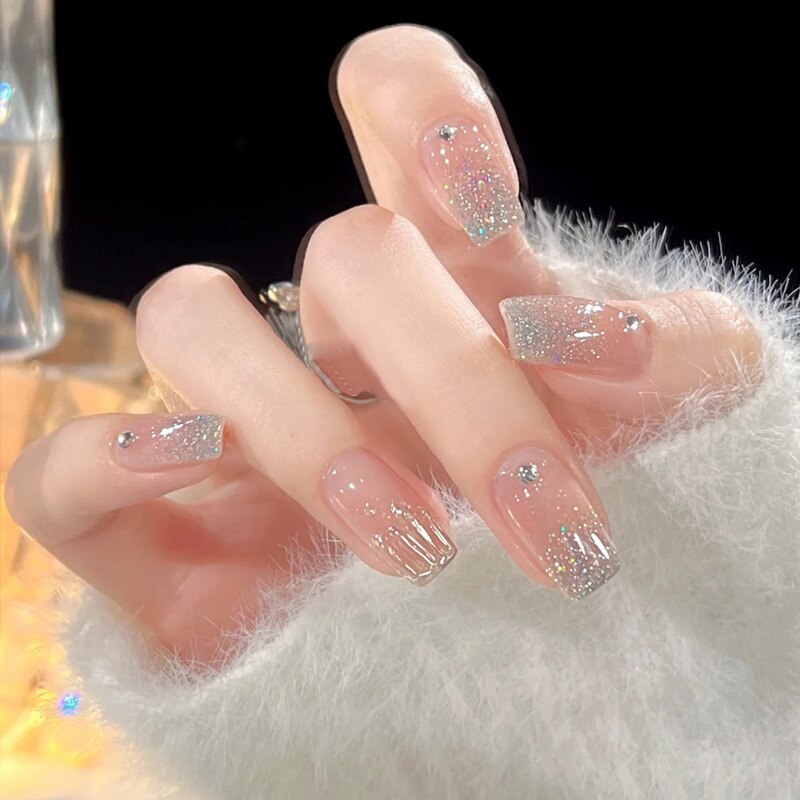 24Pcs Pink Ballet False Nails Long Coffin with Rhinestone Love Heart Wearable Fake Nails Full Cover Press on Nails Tips Glitter
