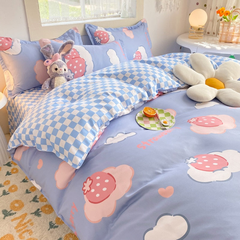 Ins Pink Strawberry Cute Cartoon Fruit Bedding Set Duvet Cover Soft Queen King Size Flat Bed Sheet Quilt Cover Pillowcase Kawaii