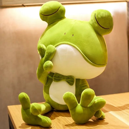 38-50CM Cute Sleeping Frog Plush Toy Throw Pillow Playful Green Bow Squinting Eye Bed Soothing Rag Doll Children Birthday Gift