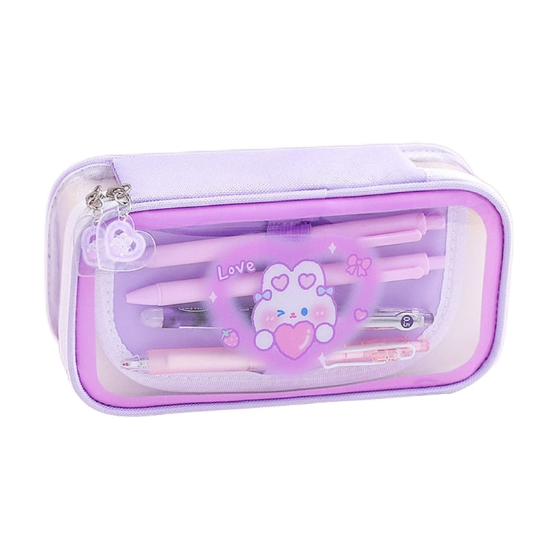 Cute Cartoon Bear Large Capacity Pencil Case Transparent Multi Layered Pencil Bag Stationery Storage Bag Box School Supplies