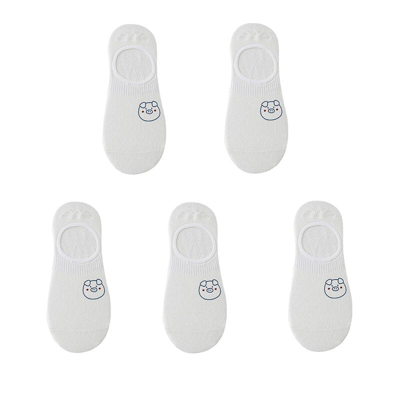 Women's cotton ankle socks, socks designed by rabbits, cows, hearts, warm and informal animals, 5 pairs of 10 pieces