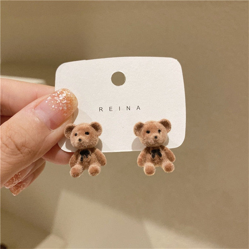 Bear Earrings for Women Girls Fashion Korea Silver Needle Autumn and Winter Earrings Cute Flocking Rabbit Ear Studs Jewelry