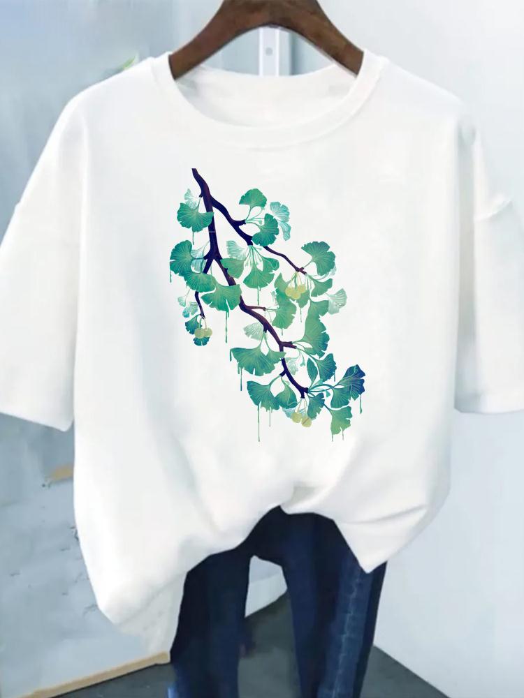 Flower Print Fashion Plant Trend Lovely Style Short Sleeve Women Graphic Tee Summer T Clothing Female Clothes Casual T-shirts