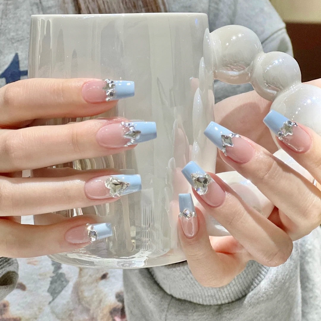 24Pcs Pink Ballet False Nails Long Coffin with Rhinestone Love Heart Wearable Fake Nails Full Cover Press on Nails Tips Glitter