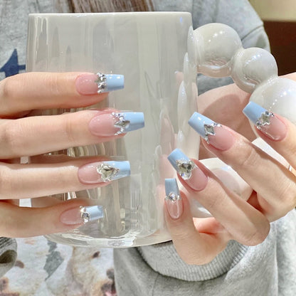 24Pcs Pink Ballet False Nails Long Coffin with Rhinestone Love Heart Wearable Fake Nails Full Cover Press on Nails Tips Glitter